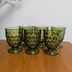 Vintage Indiana Glasses Whitehall Cubist Avocado Green Goblet Footed - Set of 6!